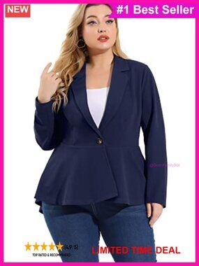 Plus Size Notch Lapel Peplum Blazer Business Casual Button Up Puff Sleeve Work